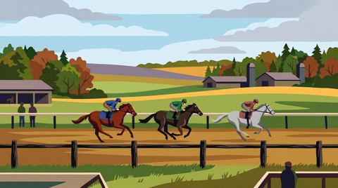 AI illustration: Thoroughbred racehorses on an Ontario training track