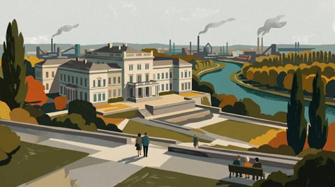 AI illustration: Villa Hügel, the Krupp family house above the Ruhr at Essen, 1967
