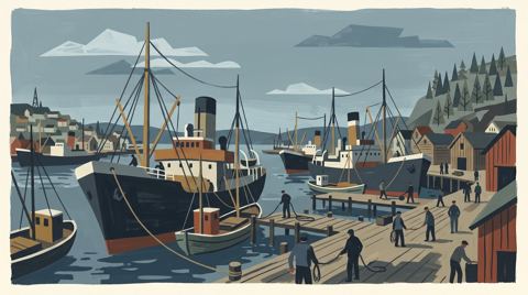 AI illustration: Whaling factory ships moored at Sandefjord, Norway, 1950s