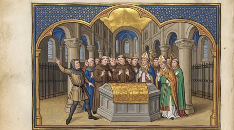 AI illustration: William the Conqueror's funeral at Caen, 1087, stopped by a man claiming the church stood on his father's land