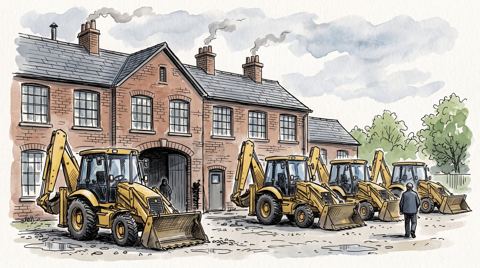 AI illustration: Yellow backhoe loaders lined up outside a Staffordshire factory