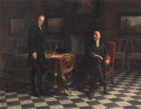 Alexei Petrovich, Tsarevich of Russia: Peter the Great Interrogating the Tsarevich Alexei Petrovich at Peterhoflabel QS:Les,"Pedro el Grande interroga al zarév