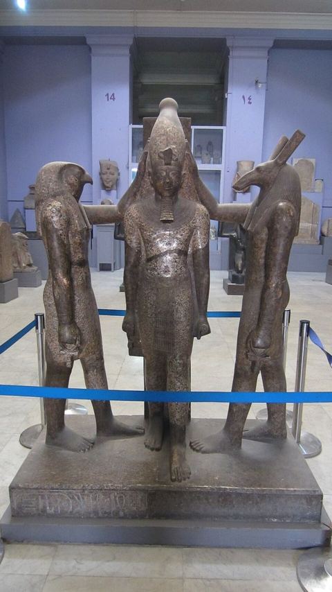Horus and Seth crowning Ramesses III: Statue of Horus and Seth placing the crown of Upper Egypt on the head of Ramesses III. Twentieth Dynasty, early 12th century BC.