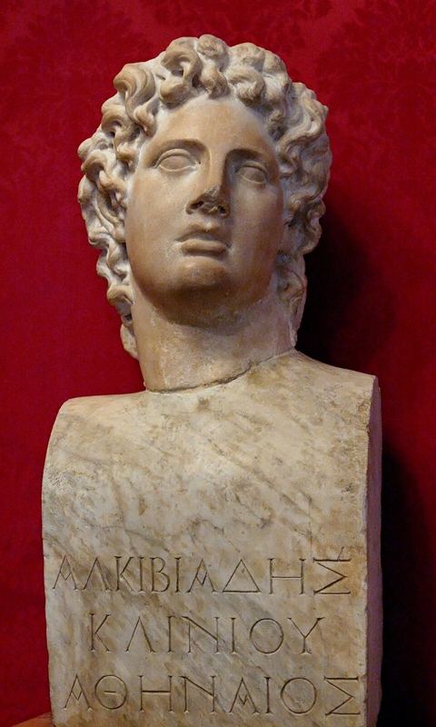 Bust Alcibiades Musei Capitolini MC1160: So-called “Alcibiades”, ideal male portrait. Roman copy after a Greek original of the Late Classical period; the hermaic pillar and the ins