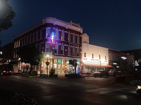 Downtown Bentonville at Blue Hour: Terry Block Building and Walton 5&10 in downtown Bentonville, Arkansas at blue hour