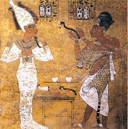 Opening of the Mouth - Tutankhamun and Aja: Ay performing the Opening of the Mouth ceremony at Tutankhamun. Wall painting from Tutankhamun's tomb (KV 62)