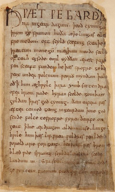 Beowulf Cotton MS Vitellius A XV f. 132r: The first folio of the heroic epic poem Beowulf, written primarily in the West Saxon dialect of Old English. Part of the Cotton MS Vitelli