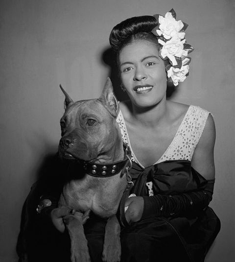 Billie Holiday: Portrait of Billie Holiday and Mister, Downbeat, New York, N.Y., ca. Feb. 1947 (LOC, 5020400274, cropped)