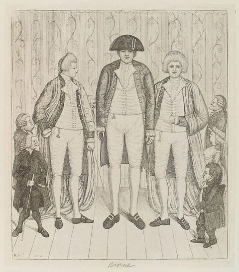 Charles Byrne (giant): Charles Byrne; James Burnett, Lord Monboddo; William Richardson; John Bell; Baillie Kyd by John Kay