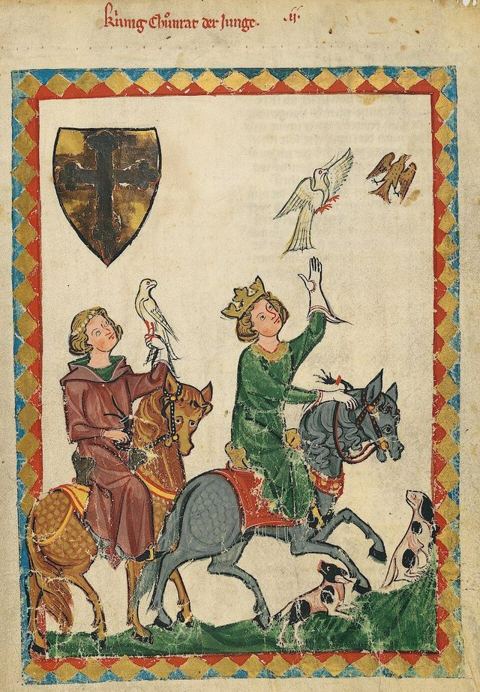 Konradin: Codex Manesse, fol. 7r, Konradin von Hohenstaufen ("König Konradin der Jüngere") bei der Jagd mit Falken.