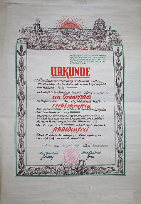 Bodenreform-Urkunde-1945-1947: Bodenreformurkunde 1947 (weil Saatzuchtgut erst verspätet)