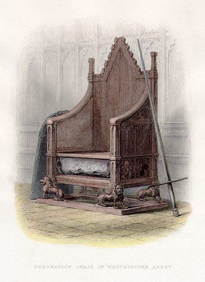 Coronation Chair and Stone of Scone: The Stone of Scone in the Coronation Chair at Westminster Abbey. No attribution was published in the source or any other book known to contain