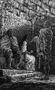 Eirik Blodøks with Gunhild, Egil Skallagrimsson standing: Eric Bloodaxe sitting on his throne with Gunnhild Mother of Kings at his side. The man standing up is Egil Skallagrimsson.
