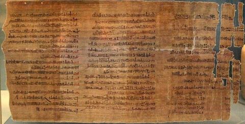 AbbottPapyrus-BritishMuseum-August21-08: The Abbott Papyrus, which is a record of an official inspection of royal tombs in the Theban necropolis-(in hieratic; note red ink, as well