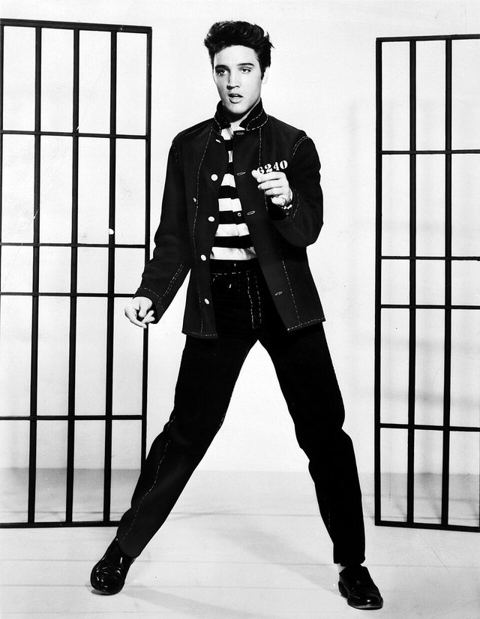 Elvis Presley promoting Jailhouse Rock: A photograph promoting the film Jailhouse Rock depicts singer Elvis Presley.