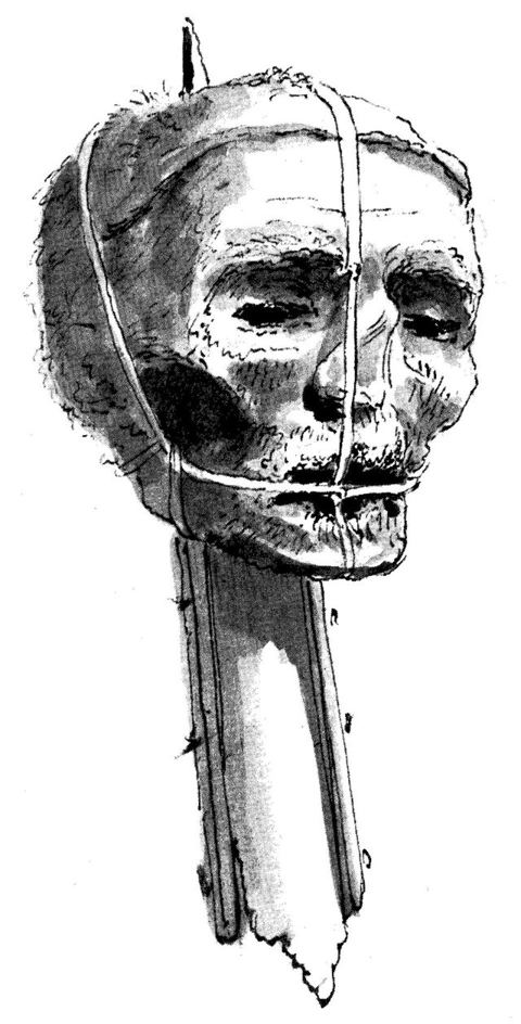 Oliver Cromwell's head, late 1700s: A sepia drawing of the head of Oliver Cromwell, from a copy of Pennant's London