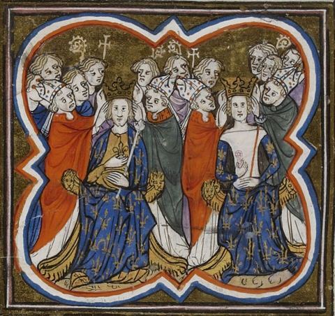 Coronation of Philip VI of Valois and Jeanne of Burgundy (BNF fr 10135 - fol 412v): Coronation of King of France Philipp VI of Valois and Queen Jeanne of Burgundy by Archbishop of