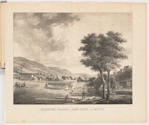 Exercierplatz Sans souci Haiti illustration Naturhistorische Reise nach der westindischen Insel Hayti Brasiliensium Ritt: Exercier-Platz in Sans-Souci auf Hayti. Illustration aus N