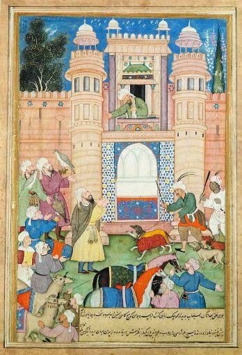 A member of the Barmakid family offering gifts to the Caliph, From the Akhbar-i Barmakyan, India, Mughal, circa 1595-160: A member of the Barmakid family offering gifts to the Cali