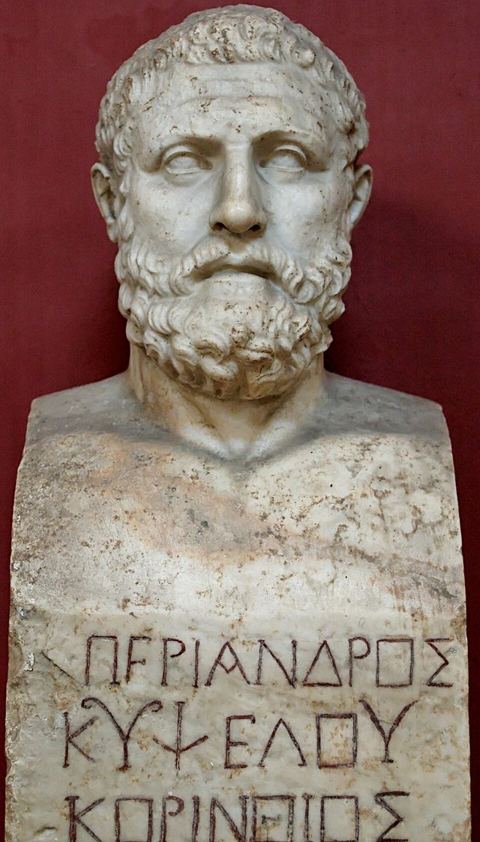 Periander Pio-Clementino Inv276: Bust of Periander bearing the inscription “Periander, son of Cypselus, Corinthian”. Marble, Roman copy after a Greek original from the 4th century.