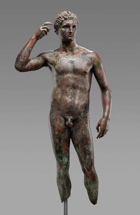 Statue of a Victorious Youth, front - Getty Museum (77.AB.30): Ancient Greek bronze sculpture in the Getty Villa
