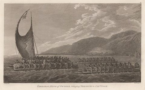 Tereoboo, King of Owyhee, bringing presents to Captain Cook by John Webber: Kalaniopuu, King of Hawaii, bringing presents to Captain Cook. Shows a Hawaiian canoe with "crab-claw" a