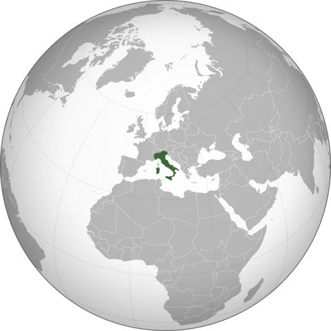 Map of Italy, marked on the globe