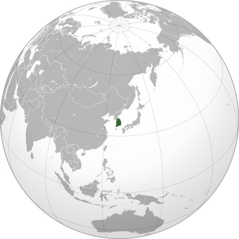 Map of South Korea, marked on the globe