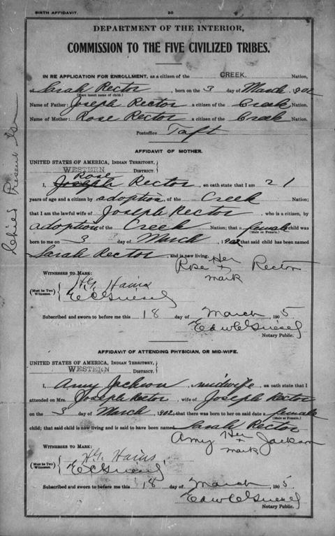Sarah Rector Birth Record: Birth Record (affidavit) of en:Sarah Rector.