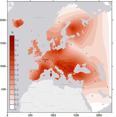 Gurgy les noisats S6 Fig: Map featuring the frequency distribution of informative haplotypes shared between Gurgy and modern populations