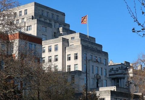 Duchy of Lancaster offices 2020: The Duchy of Lancaster offices, at 1 Lancaster Place, Strand, London WC2, viewed from the Victoria Embankment. It flies the Duchy flag. The taller