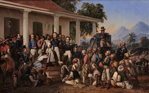Indonesian: Penangkapan DiponegoroThe Arrest of Diponegorotitle QS:P1476,id:"Penangkapan Diponegoro"label QS:Lid,"Penang: Depicts the arrest of prince Diponegoro at the end of the