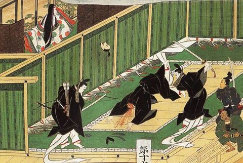 Irukaansatsuzu: Depiction of the assassination of Soga no Iruka from the Tōnomine Engi Scroll, painted during the Edo period (17-19th century).