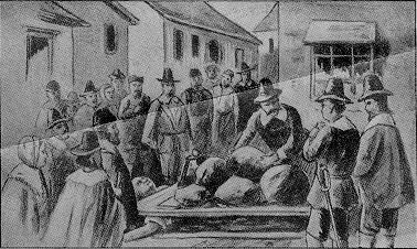 Giles Corey: Old drawing of the death of Giles Corey (September 19, 1692) by being pressed with heavy stones after conviction as a witch during the Salem Witch Trials.