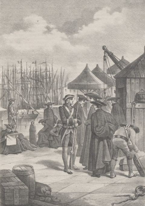 Expulsion of the Jesuits from Spain, 1767: Depiction of the embarkation of the Jesuits in Cartagena (Spain), bound for the Papal States in compliance with the expulsion order issue