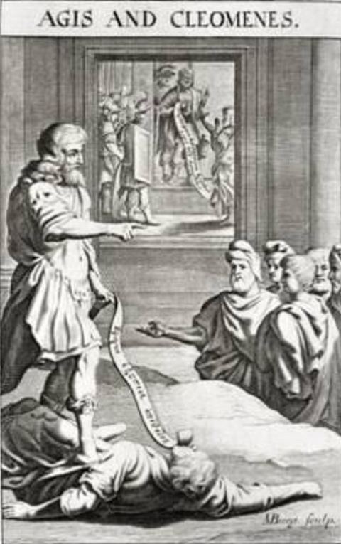 Kings Agis and Cleomenes: Engraving which accompanied Plutarch's Lives of Agis IV and Cleomenes III, in volume 4 of the John Dryden edition published 1711. The speech scroll in the