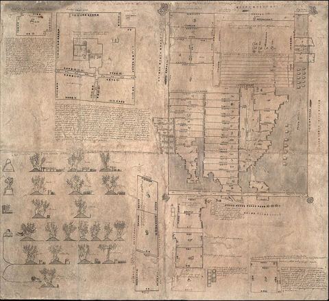 Oztoticpac Lands Aztec 1540 milcocolli tlahuelmantli: Otzoticpac Palace inside of the lands description in a milcocolli tlahuelmantli codex in Texcoco Mexico