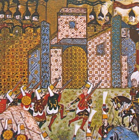 OttomanJanissariesAndDefendingKnightsOfStJohnSiegeOfRhodes1522: Ottoman Janissaries and the defending Knights of St. John, Siege of Rhodes (1522)