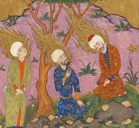 Spencer Coll. Persian MS. 46 101v Yusha and Musa visit Khidr: Islamic depiction of Yusha (left) and Musa (middle) visiting Khidr (right) from a Persian 1580 manuscript.