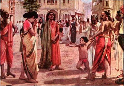 Harischandra in Distress, having lost his kingdom and all the wealth parting with his only son in an auction: Harishchandra lost his kingdom and all the wealth parting with his onl