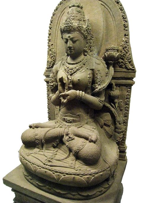 Prajnaparamita Java Side Detail: Bodhisattvadevi (female bodhisattva) Prajnaparamita; the buddhist goddess of transcendental wisdom, personified in a statue from 13th century Singh