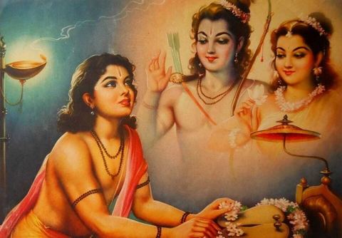 Alone, Bharat worships the sandals: Bharat reverently accepts Rama's sandal, which he will place on the throne during his regency (bazaar art, mid-1900's); *another view of the sce