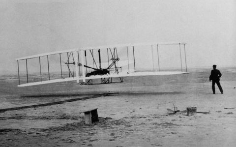 Wright brothers first successful flight Kill Devil Hills North Carolina December 1903: Photograph of the first successful flight of the Wright brothers, December 17, 1903. Orville