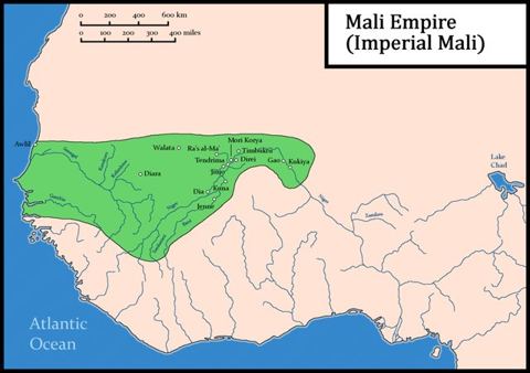 Map of the Mali Empire: Own work, based off of Gomez, M. (2018). African Dominion: A New History of Empire in Early and Medieval West Africa (1st ed.). Princeton University Press.
