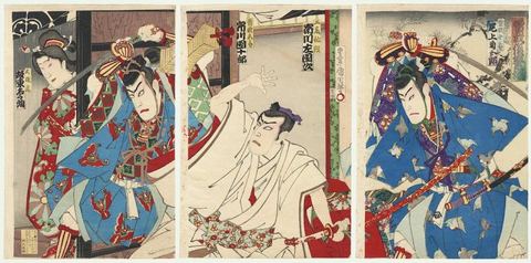 Soga Brothers Surprising Suketsune, 1890: Dramatic kabuki scene from the famous tale of the Soga Brothers, whose lifelong quest was to avenge the death of their father at the hands
