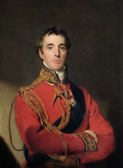 Arthur Wellesley: The Duke of Wellington is standing at half-length, wearing Field Marshal’s uniform, with the Garter star and sash, the badge of the Golden Fleece, and a special b