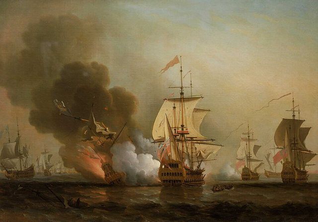 Wager's Action off Cartagena, 28 May 1708 label QS:Len,"Wager's Action off Cartagena, 28 May 1708": The English painter Samuel Scott (1702-1772) specialised in marine painting and