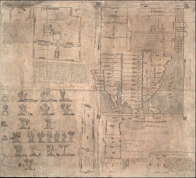 Oztoticpac Lands Aztec 1540 milcocolli tlahuelmantli: Otzoticpac Palace inside of the lands description in a milcocolli tlahuelmantli codex in Texcoco Mexico