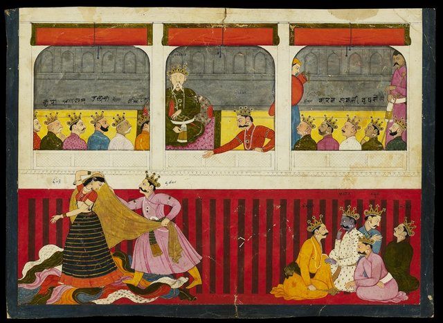 The disrobing of Draupadi title QS:P1476,en:"The disrobing of Draupadi "label QS:Len,"The disrobing of Draupadi ": The disrobing of Draupadi, a miniature of the Basohli School