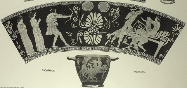 Odysseus slays the suitors of his wife Penelope (Skyphos pot): Scanned B&W Images. Both vessels are fully scanned and include an Attic red-figure skyphos ca. 440 BCE from Tarqu